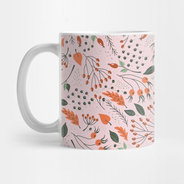 Cute retro print with falling leaves, berries and tree branches by DanielK